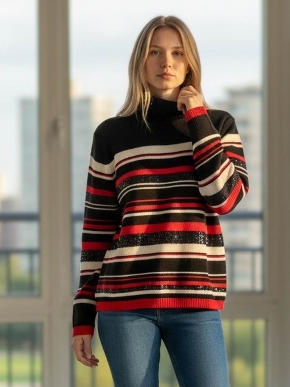 Sag Harbor Striped Turtleneck Sweater Sequin Detail - Black, Red & Cream